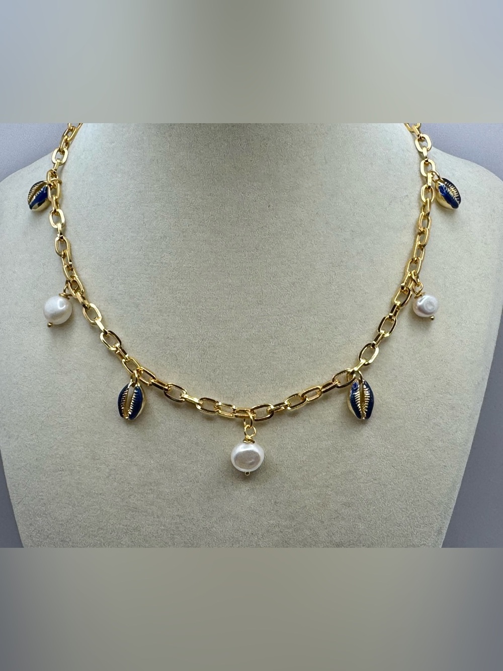 MAYAMAR 24K Gold Plated Necklace with Blue Shells and Natural Pearls Charms. NIB